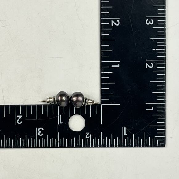 Black Pearl Stud Earrings Silver Tone Post Backing 10mm Minimal Unisex Jewelry - Picture 5 of 6